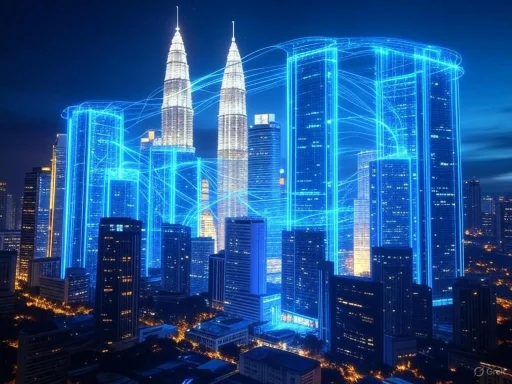 Futuristic cityscape of Kuala Lumpur illuminated with digital blue lines and the iconic Petronas Towers at night.