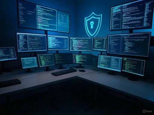 Multiple monitors displaying code and security graphics in a high-tech cybersecurity control room.