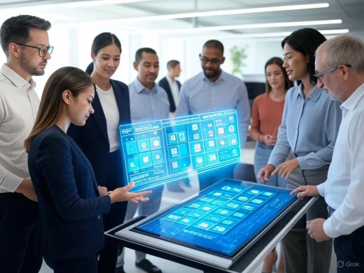 A diverse group of professionals discusses advanced digital interfaces and holographic displays in a modern office. A diverse group of professionals discusses advanced digital interfaces and holographic displays in a modern office.