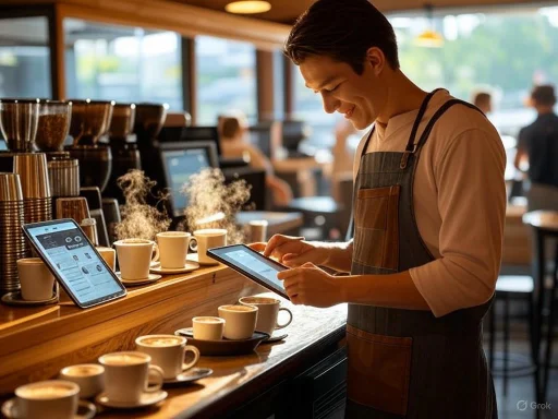 A barista happily uses a tablet to order coffee in a cozy coffee shop setting.