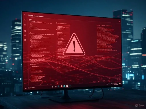 A computer screen displays a red warning alert with an exclamation mark over a city skyline at night.