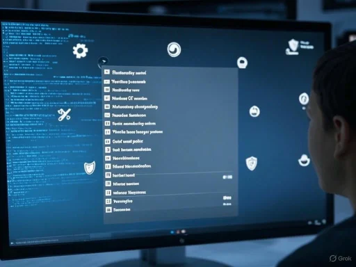 A person analyzes a computer screen displaying a list of medical or cybersecurity items with icons and text.