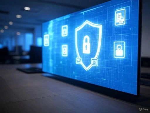 A digital security interface featuring icons of locks, documents, and email on a futuristic blue screen.