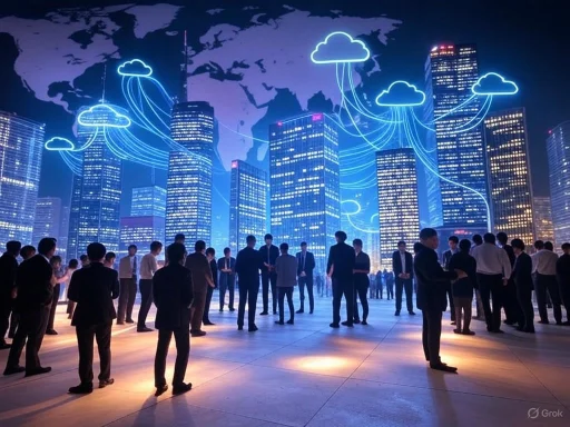 People in business attire gather in front of a city skyline with digital cloud icons and connections, symbolizing cloud computing.