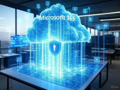 A digital cloud with a lock icon represents Microsoft 365's cloud security in a modern office setting.