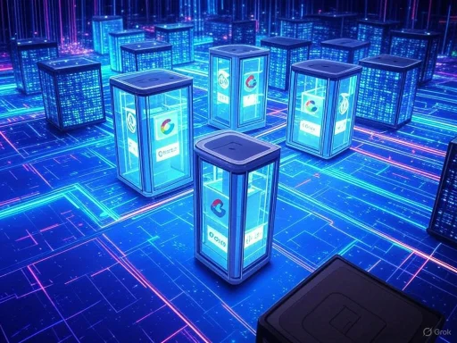 Futuristic display of illuminated glass cases featuring logos, set against a neon cityscape background.