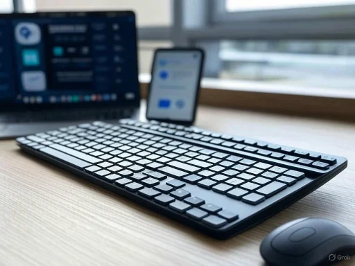 A computer workspace featuring a wireless keyboard, mouse, a smartphone, and a monitor on a wooden desk near a window.