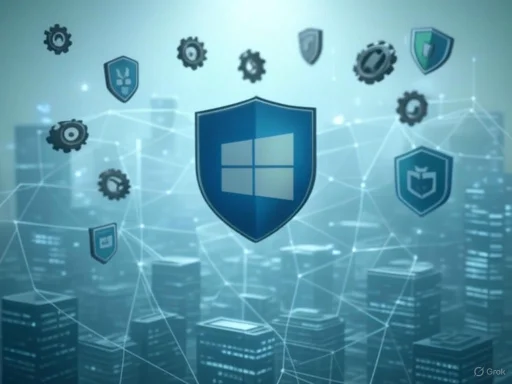 Digital security and protection icons overlaid on a cityscape background.