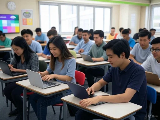 Students sitting at desks using laptops in a classroom during a lesson.