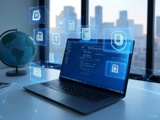 A laptop displays digital icons of files, security, and AI in a modern office with a city view.