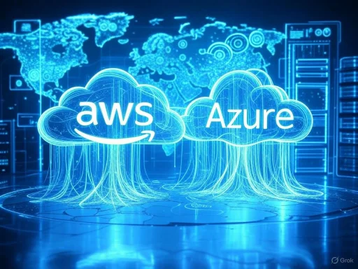 Digital illustration of cloud computing with AWS and Azure clouds connected worldwide.