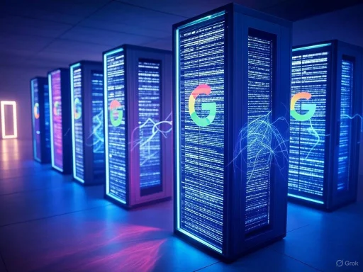 Row of illuminated server racks with digital lines and Google logos, representing data and cloud technology. Row of illuminated server racks with digital lines and Google logos, representing data and cloud technology.