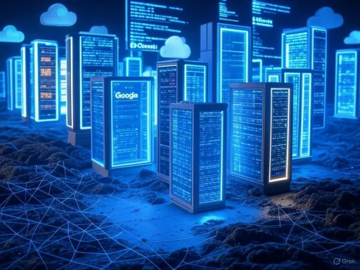 A futuristic cityscape with glowing blue server towers and floating digital data clouds.