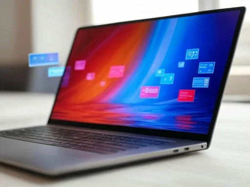 A sleek, modern laptop displaying colorful digital interface elements on its screen.