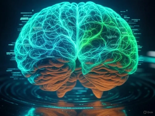 Digital illustration of a brain with neural connections glowing in blue and green, representing artificial intelligence or neural networks.