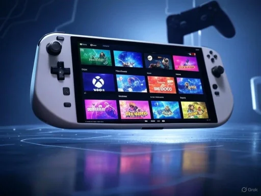 A handheld gaming device displays a grid of various game titles on its screen. A handheld gaming device displays a grid of various game titles on its screen.