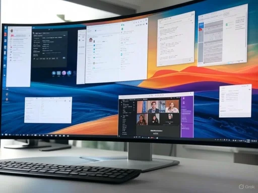 A computer monitor displays multiple open windows and applications on a colorful desktop background.