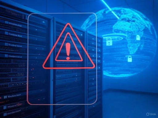 Alert warning on a server room with a digital globe and padlock icons indicating cybersecurity threat or breach.