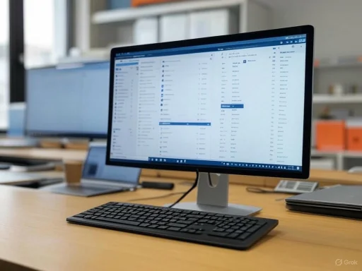 An office workspace with a desktop computer displaying an email inbox, accompanied by a keyboard and other devices.