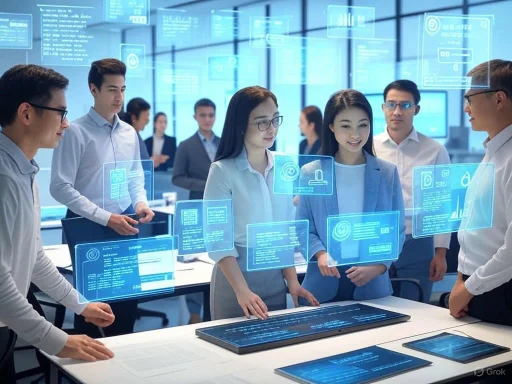 A diverse group of professionals discusses digital data displays in a high-tech, futuristic office environment.