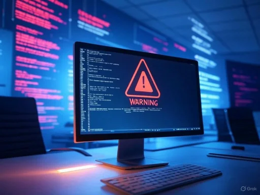 A computer screen displays a warning sign with an exclamation mark and the word 'WARNING' in a dark, tech-filled environment.