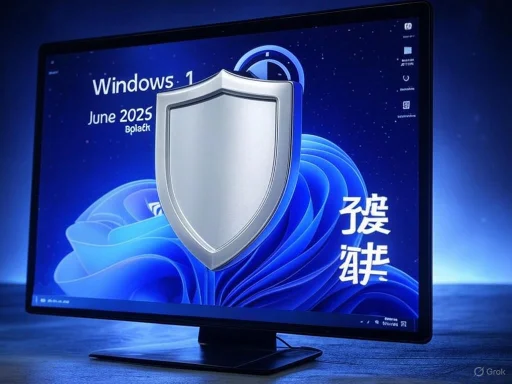 A computer screen displaying Windows 11 with a shield icon suggesting security or protection. A computer screen displaying Windows 11 with a shield icon suggesting security or protection.