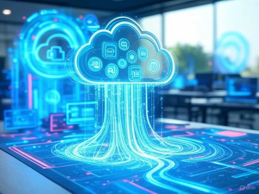 Digital cloud computing icons form a glowing tree-shaped hologram in a high-tech conference room.