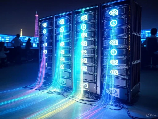 Server racks with glowing data streams in a high-tech data center at night.