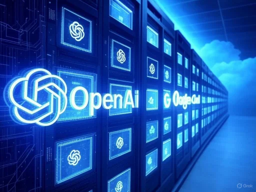 A digital server room displays AI company logos, mainly OpenAI, with a blue futuristic glow and cloud icons. A digital server room displays AI company logos, mainly OpenAI, with a blue futuristic glow and cloud icons.