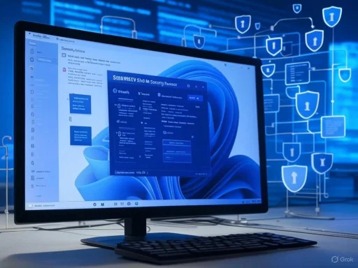 A computer monitor displays a cybersecurity-themed interface with digital shield icons and network diagrams in the background. A computer monitor displays a cybersecurity-themed interface with digital shield icons and network diagrams in the background.