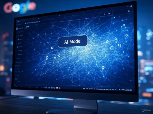 Computer screen displays a digital network with 'AI Mode' highlighted, indicating an AI-driven interface or system.