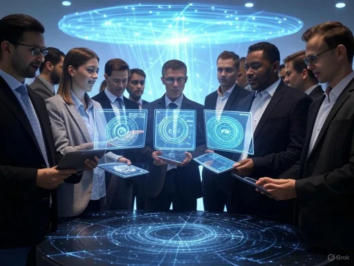 Group of professionals using holographic displays in a futuristic meeting setting. Group of professionals using holographic displays in a futuristic meeting setting.