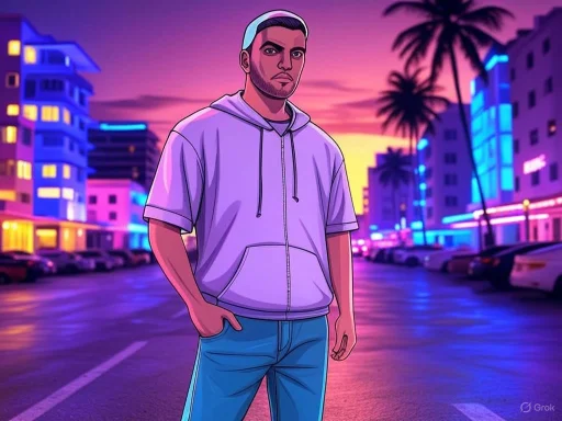 A digital illustration of a young man standing in a vibrant, neon-lit city street at sunset. A digital illustration of a young man standing in a vibrant, neon-lit city street at sunset.