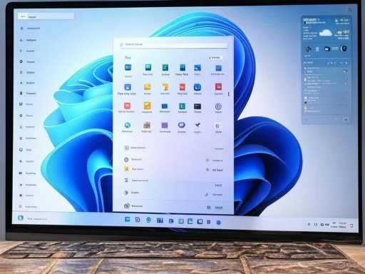 A computer monitor displays the Windows 11 interface with an open app menu over a blue abstract background.