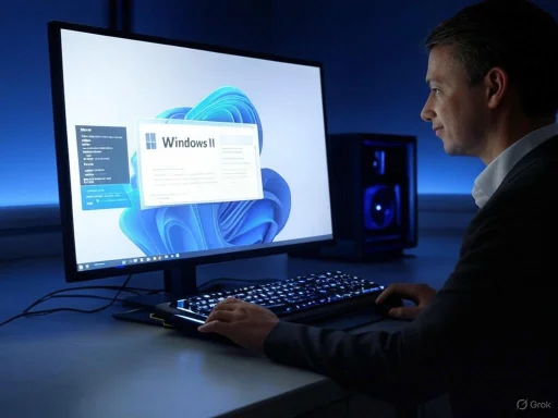 A man in formal attire installs Windows 11 on a desktop computer in a dark room.