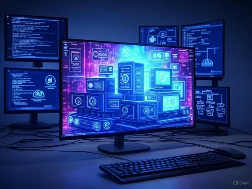 Multiple monitors display digital holograms and coding, creating a high-tech, futuristic cybersecurity or hacking environment.