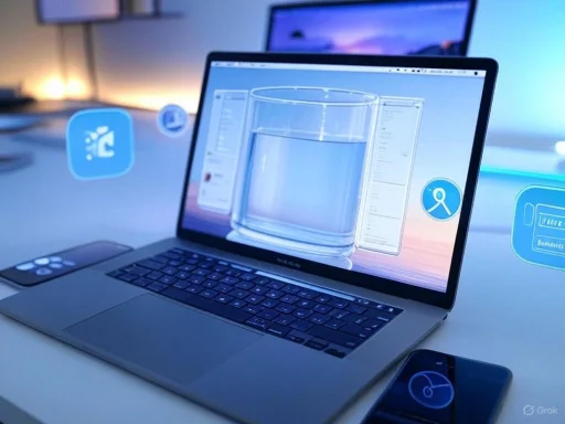 A laptop displaying a 3D rendering of a glass of water, surrounded by floating digital icons in a modern workspace. A laptop displaying a 3D rendering of a glass of water, surrounded by floating digital icons in a modern workspace.