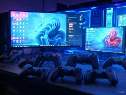 A gaming setup with multiple monitors and several controllers illuminated by blue LED lighting.