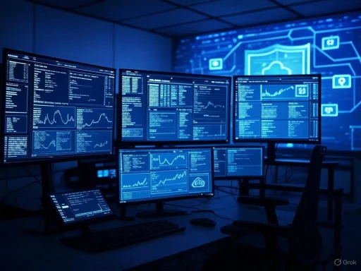 Multiple monitors with data analysis and graphs in a high-tech cybersecurity command center.