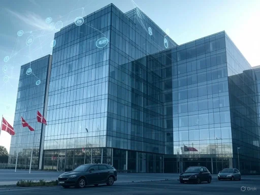 A modern glass office building with Danish flags and parked cars in front, reflecting a clear sky.