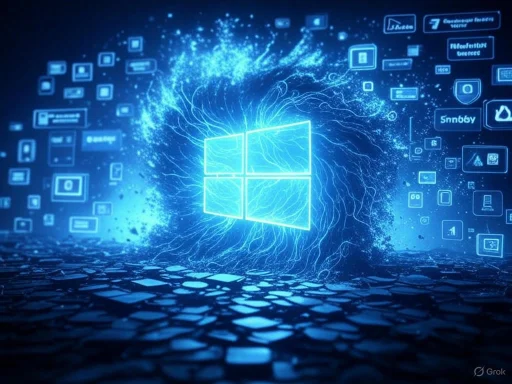 A digital illustration of the Windows logo surrounded by swirling data and app icons in a futuristic blue glow.