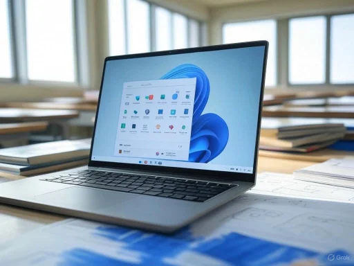 A laptop displaying the Windows 11 desktop on a cluttered desk in a bright classroom.