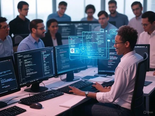 A woman at a multi-monitor setup engages in coding or cybersecurity work while colleagues observe in a modern, high-tech office. A woman at a multi-monitor setup engages in coding or cybersecurity work while colleagues observe in a modern, high-tech office.