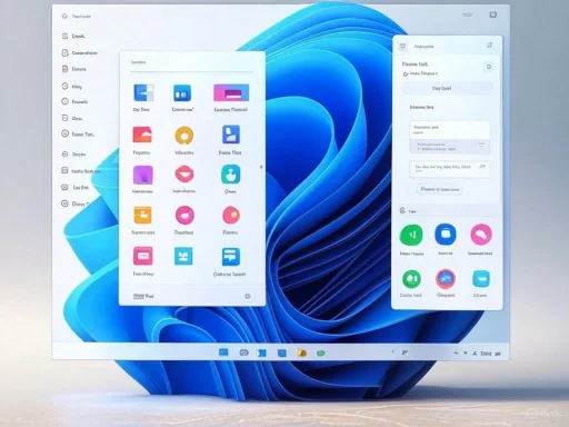 A computer screen displays a Windows interface with multiple app windows and a blue swirling background.