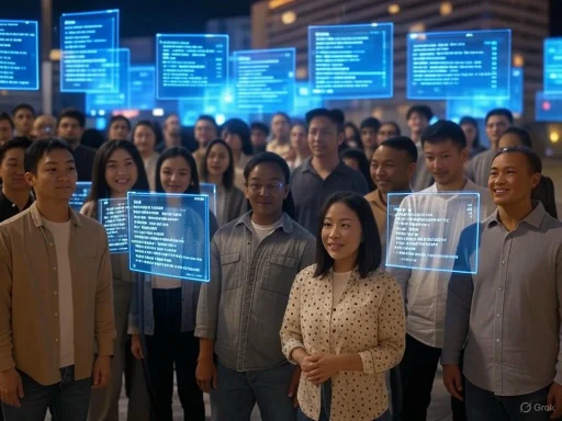 A diverse group of people interacts with holographic digital displays in a futuristic, technology-enabled environment. A diverse group of people interacts with holographic digital displays in a futuristic, technology-enabled environment.