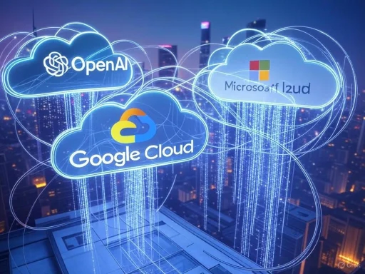 Cloud computing services from OpenAI, Google Cloud, Microsoft Azure displayed above a cityscape. Cloud computing services from OpenAI, Google Cloud, Microsoft Azure displayed above a cityscape.
