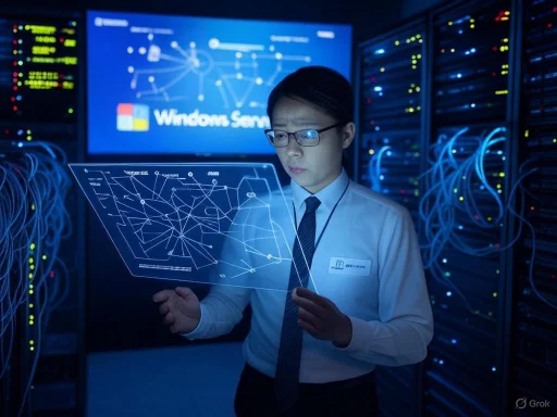 IT professional analyzing network data on a transparent digital interface in a server room.