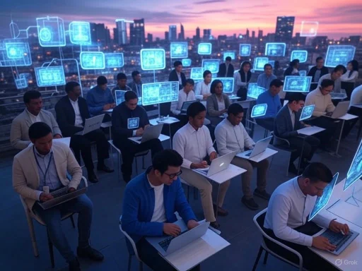 People working on laptops at a futuristic outdoor tech conference with virtual screens and city skyline sunset in the background.