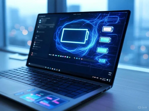 A laptop displaying a digital battery charging status and energy flow graphic on a modern desk.