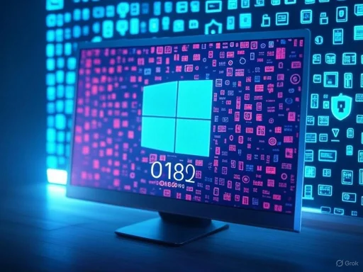 A computer monitor displays a Windows logo surrounded by digital security and technology icons in a neon-lit, futuristic setting. A computer monitor displays a Windows logo surrounded by digital security and technology icons in a neon-lit, futuristic setting.